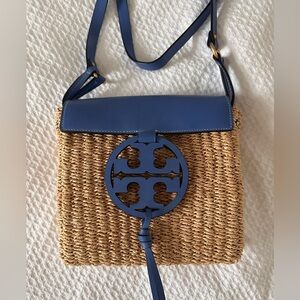 Tory Burch Blue Leather and Tan Woven Crossbody